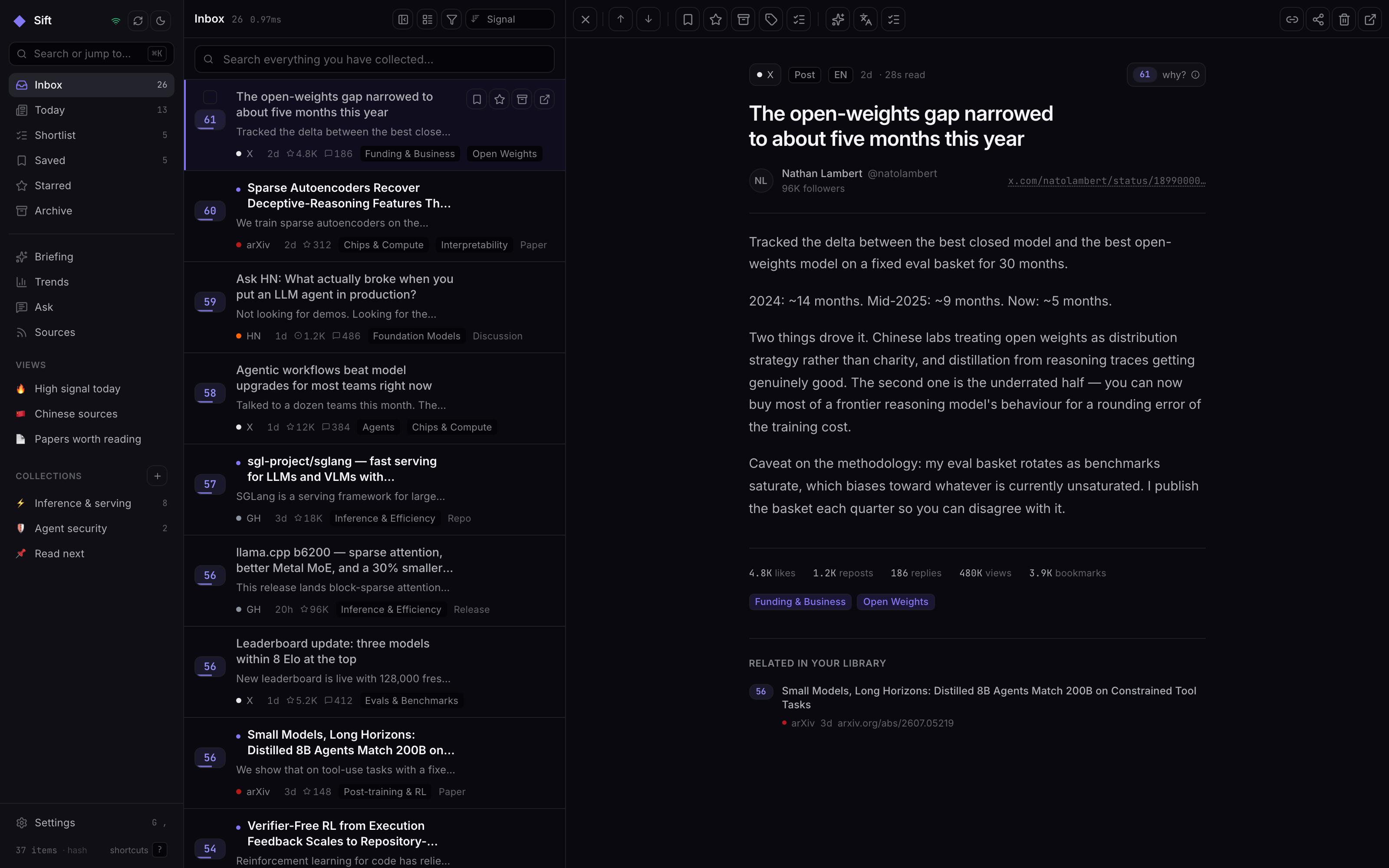 The Sift inbox: a scored, ranked feed of AI items alongside a reading pane
